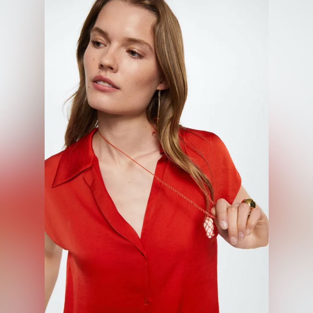 Red Short Sleeve Satin Women's Top